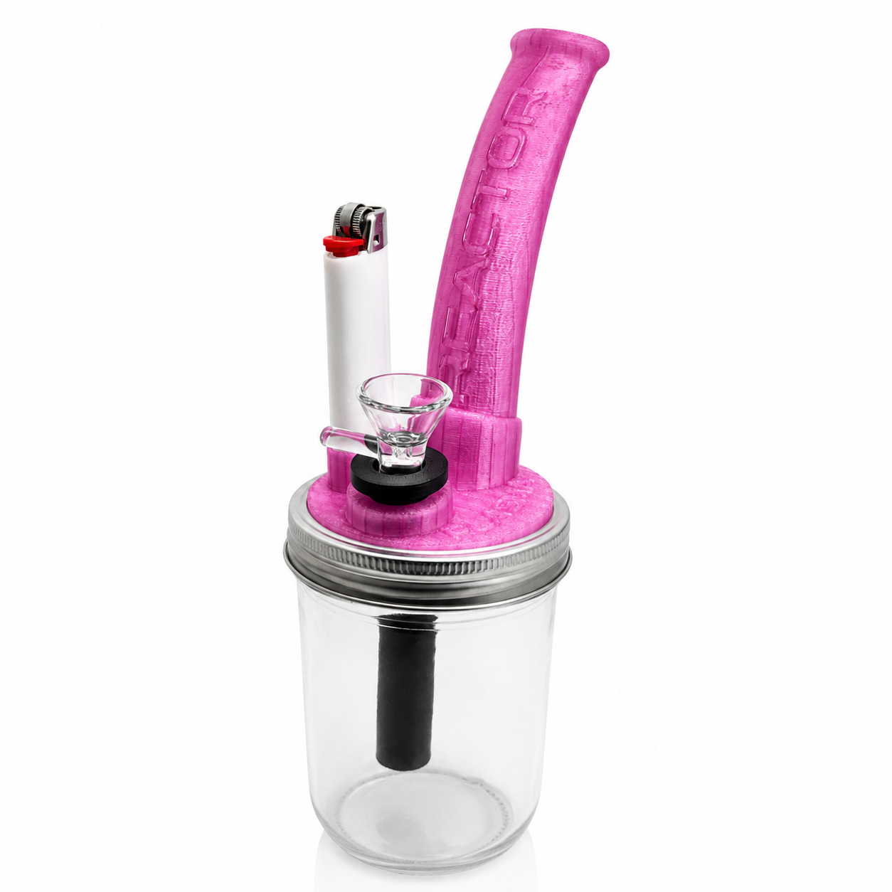 Pink Plasma Reactor mason jar water pipe with curved mouthpiece and integrated lighter holder