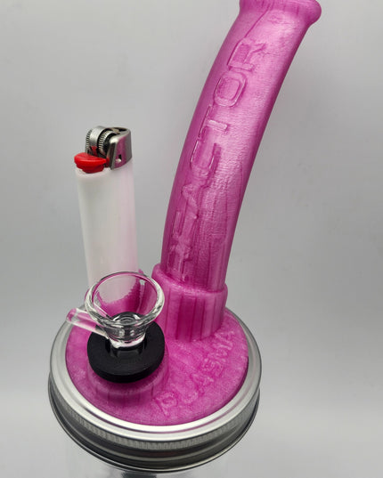 Close-up of pink Plasma Reactor top, glass bowl, and built-in lighter holder; lighter not included