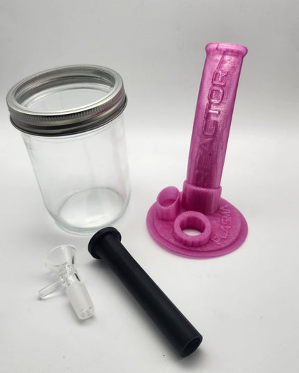 Plasma Reactor components including wide-mouth glass jar, 3D-printed reactor top, glass bowl, and removable downstem