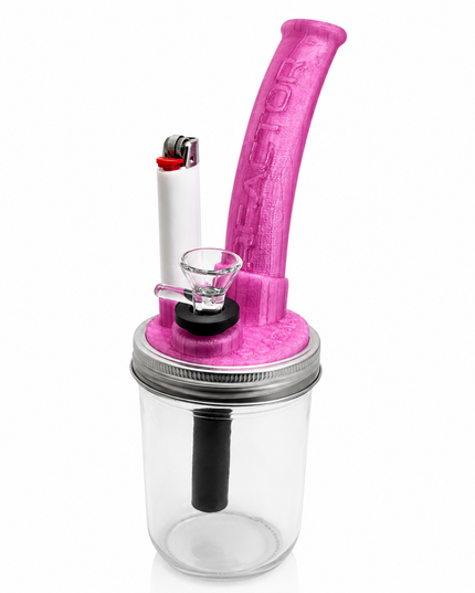 Plasma Reactor pink mason jar water pipe with integrated lighter holder; lighter shown for display only and not included